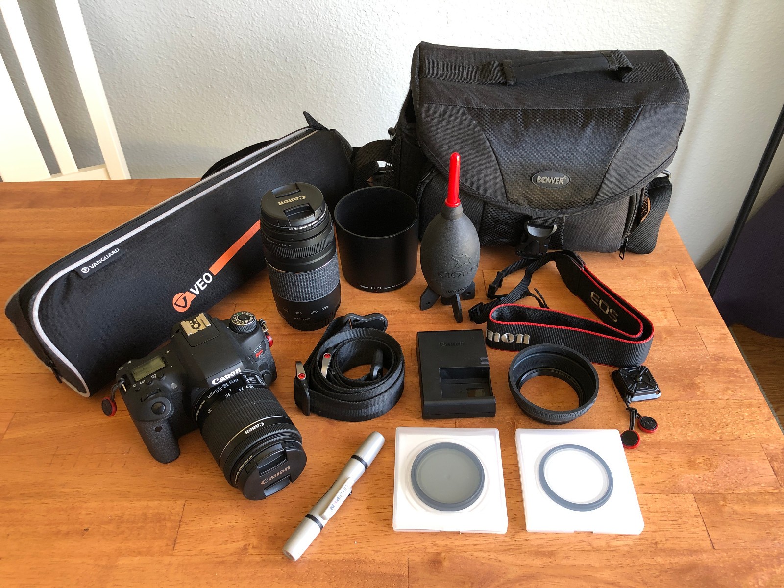 canon eos rebel t6s kit - 2 zoom lens, peak design strap, tripod, accessories