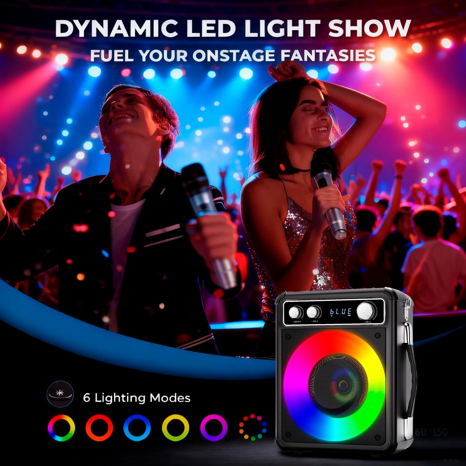 Karaoke Machine with 2 Wireless Microphones, Portable Bluetooth Speaker for Adul