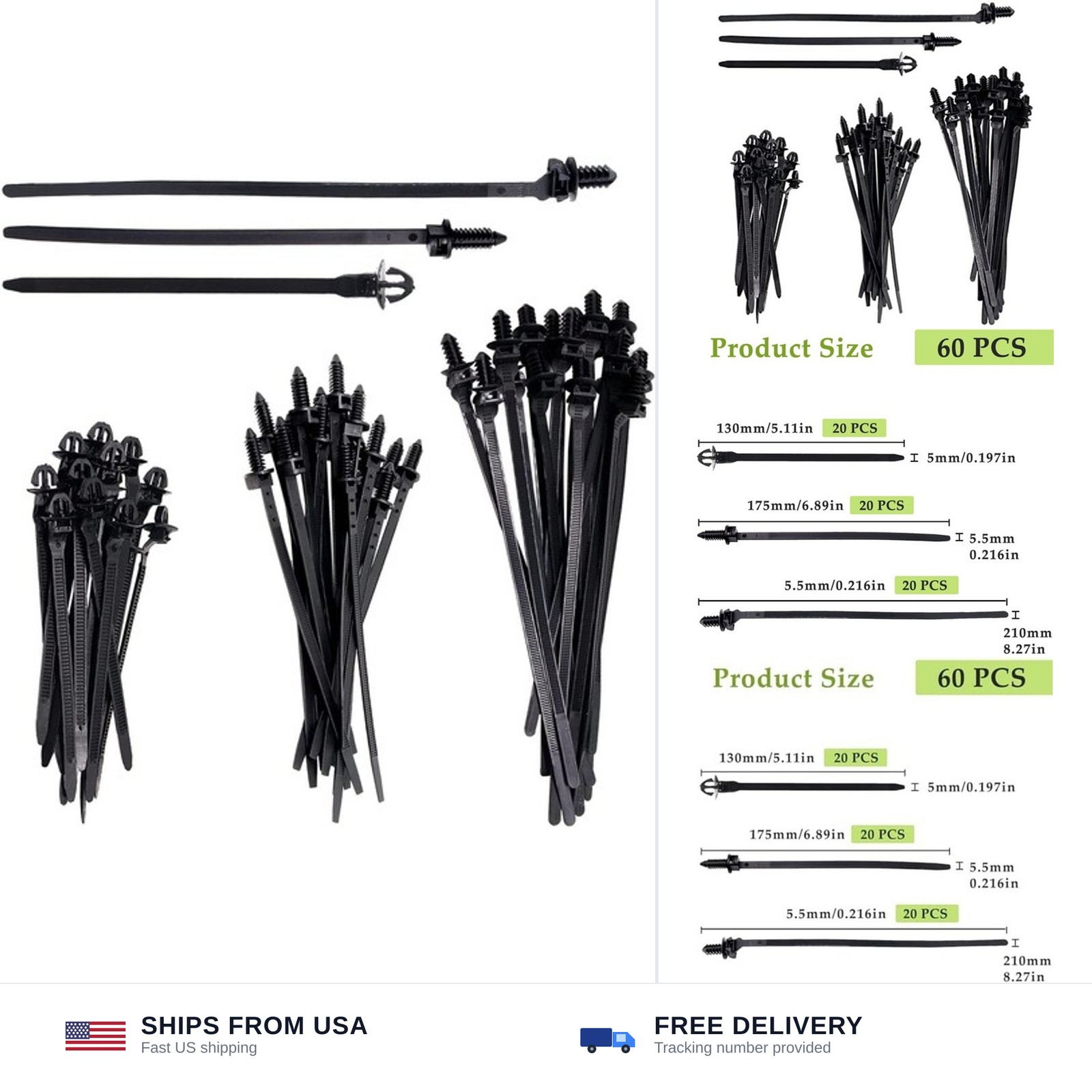 Push Mount Wire Ties, Snap in Zip Tie Automotive Clips Nylon Wire Harness Cli...