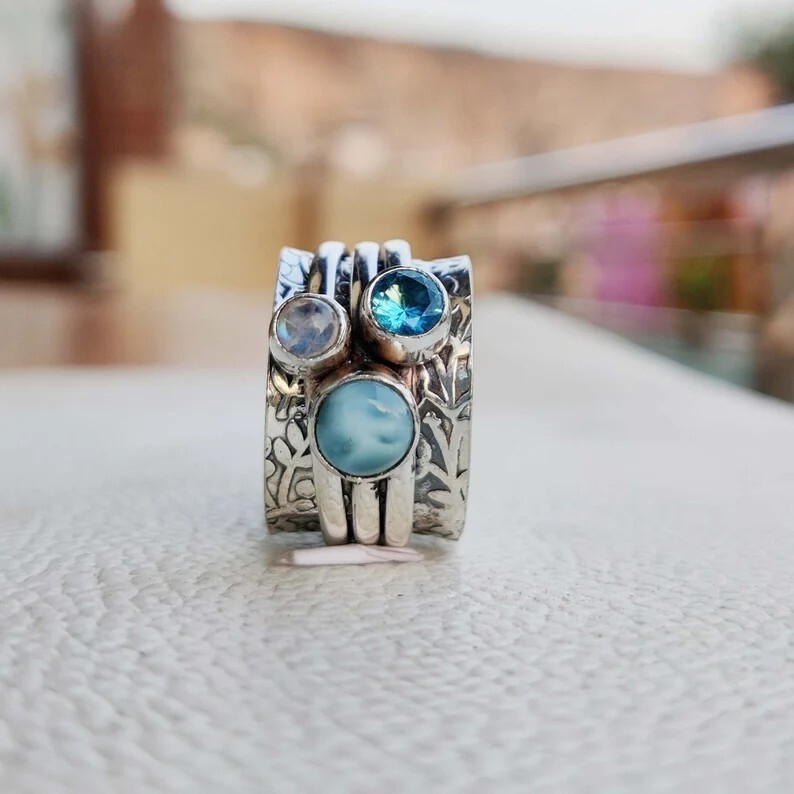 Blue Topaz, Moonstone, Larimar Ring Solid 925 Silver Spinner Ring All Size SR676