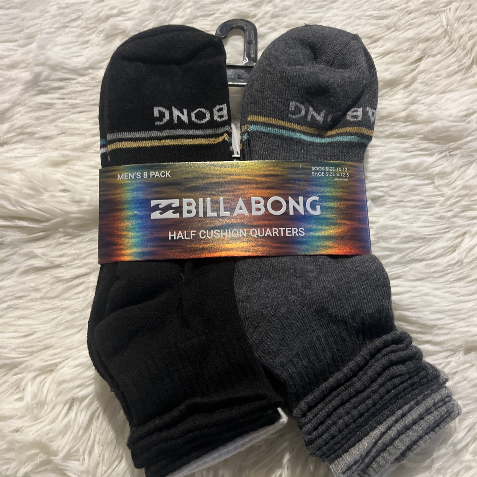 Billabong mens NWT Half Cushion Quarter Socks 8 Pack size 10-13 center logo mult