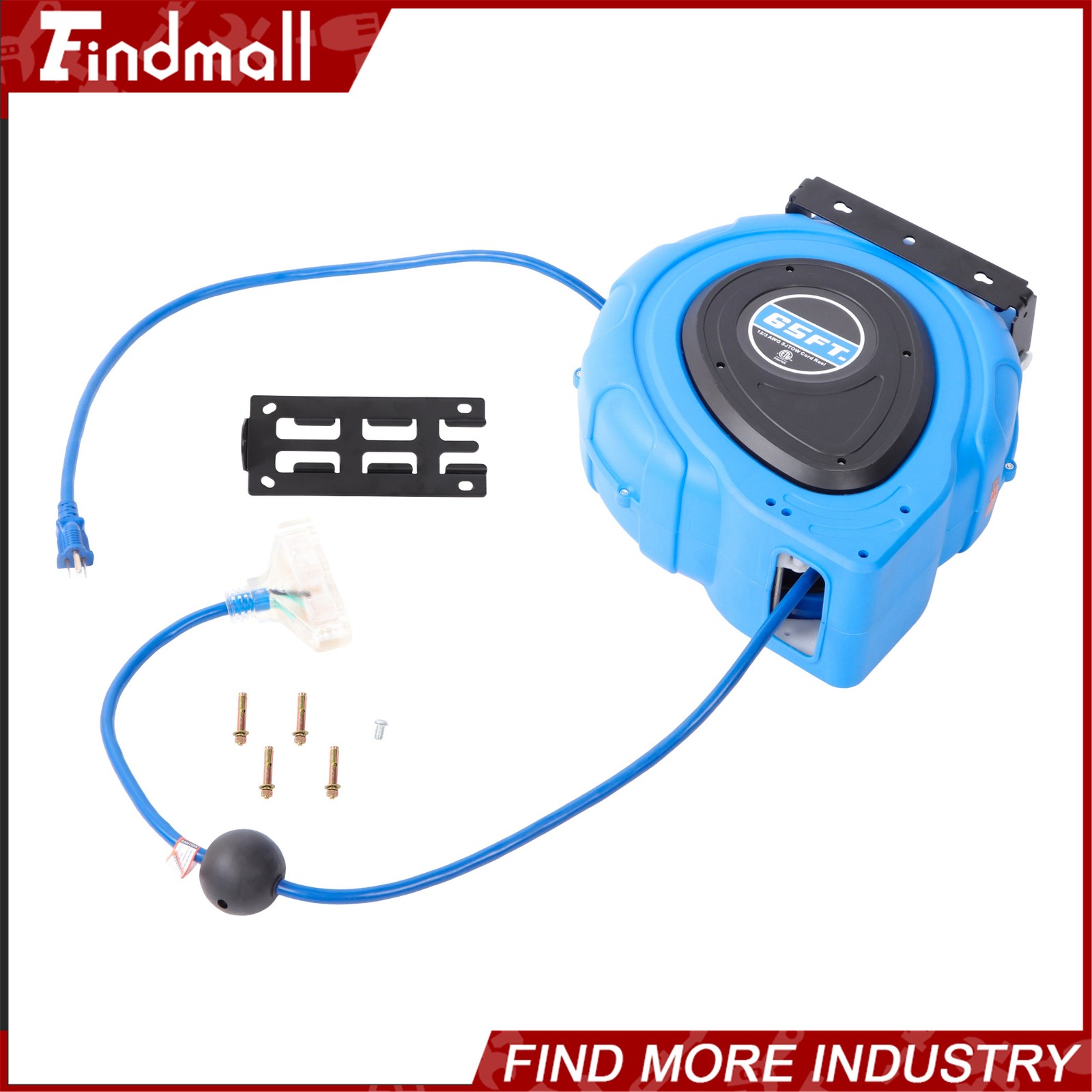 Findmall 65 Feet 12AWG/3C Retractable Extension Cord Reel Power Cord Reel SJTOW