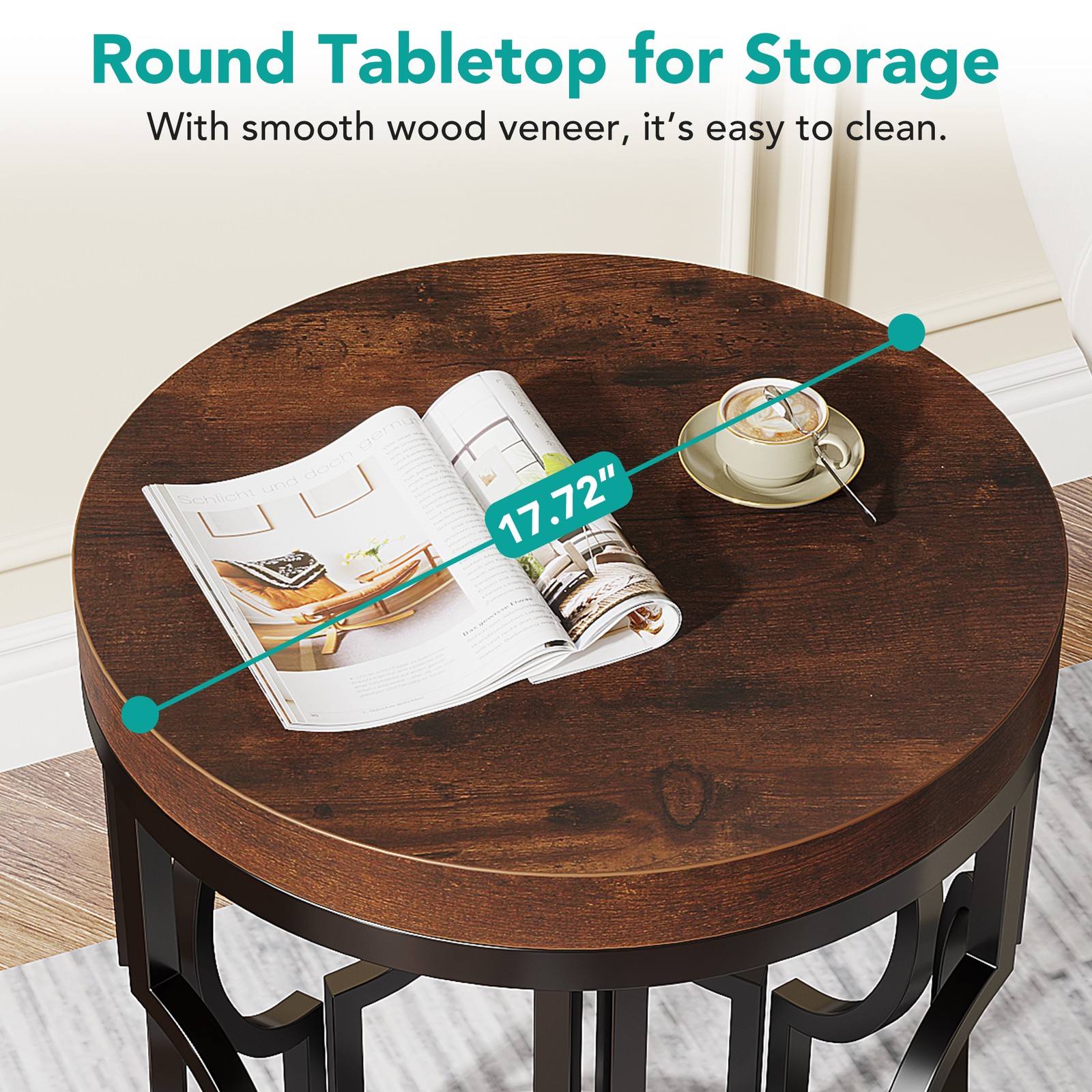 Round End Table, Industrial Side Table Small Bedside Table w/ Metal Hollow Frame