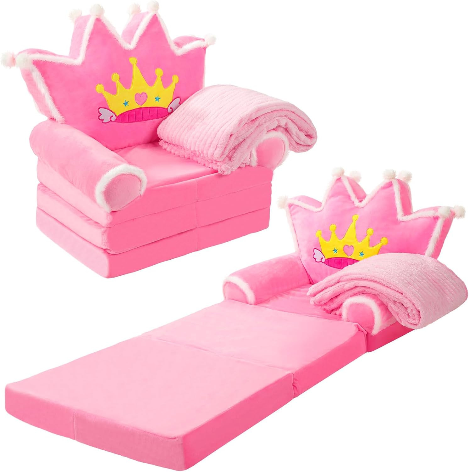 Kids Couch 2 in 1 Toddler Couch Fold Out with Flannel Blanket Set Soft Princess