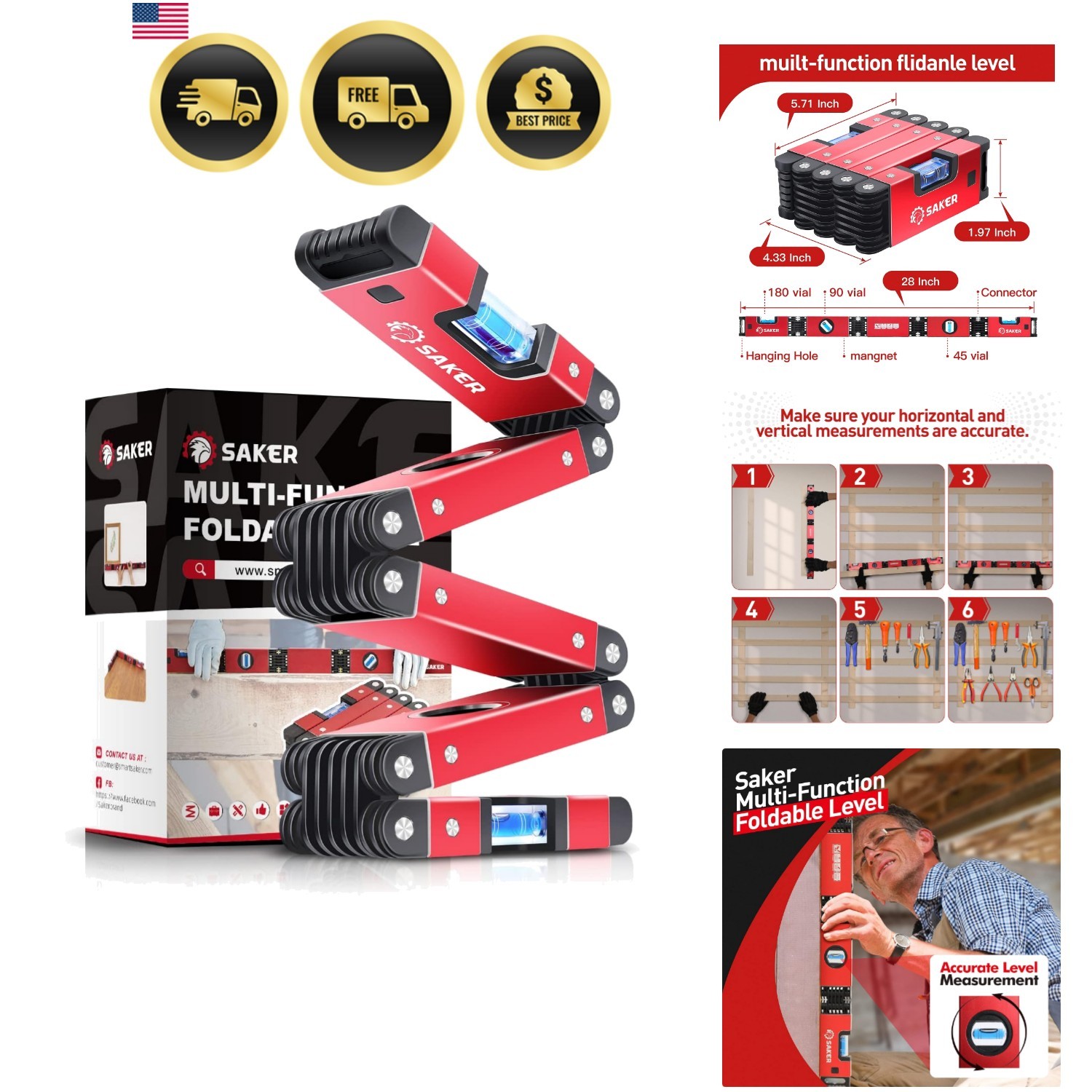 Multi-function Foldable Level, 28-Inch Level Tool,Father Day Gift for Him Her...