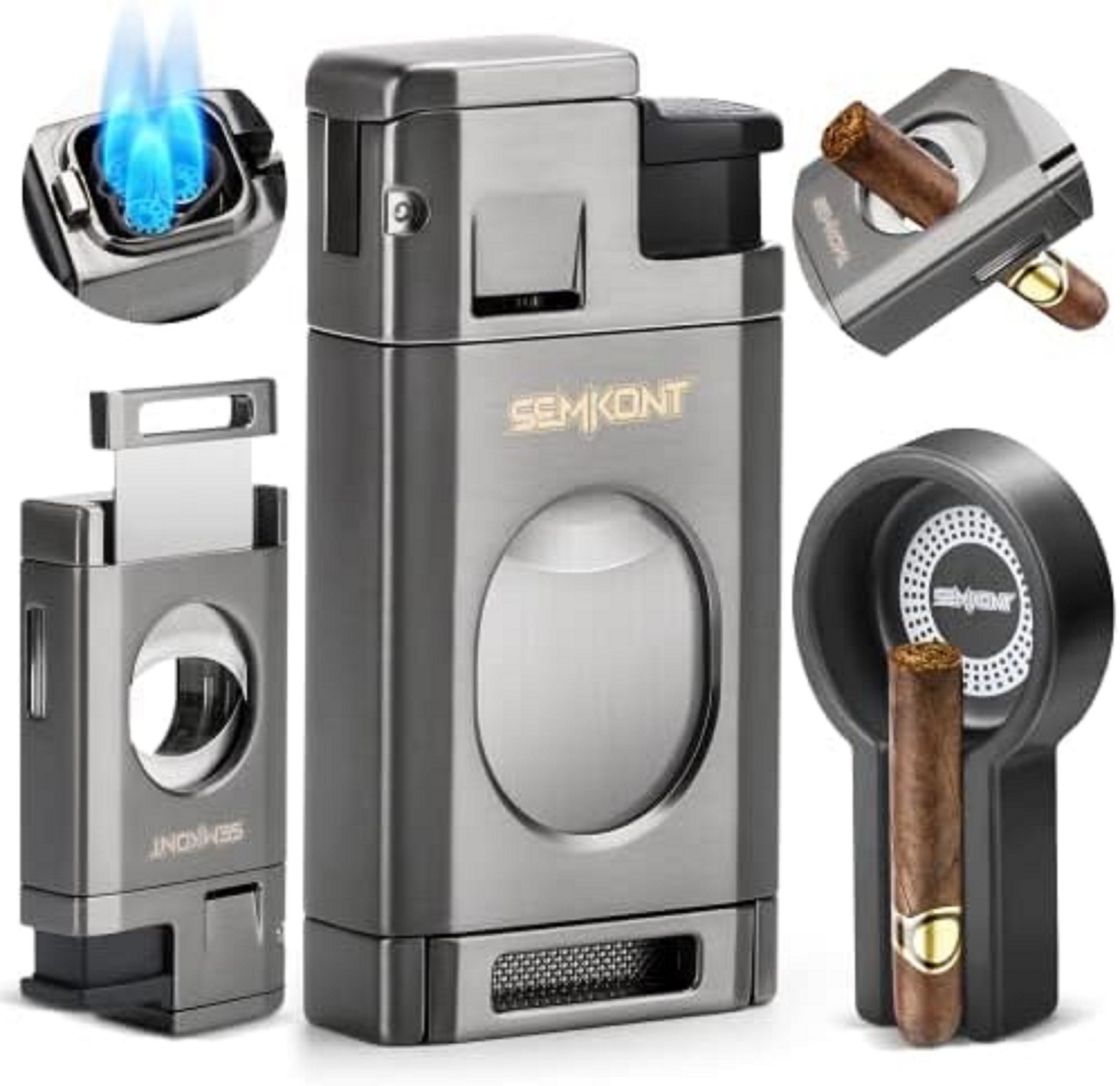 Triple Jet Flame Cigar Lighter with Cutter, Windproof Butane Refillable Torch Li