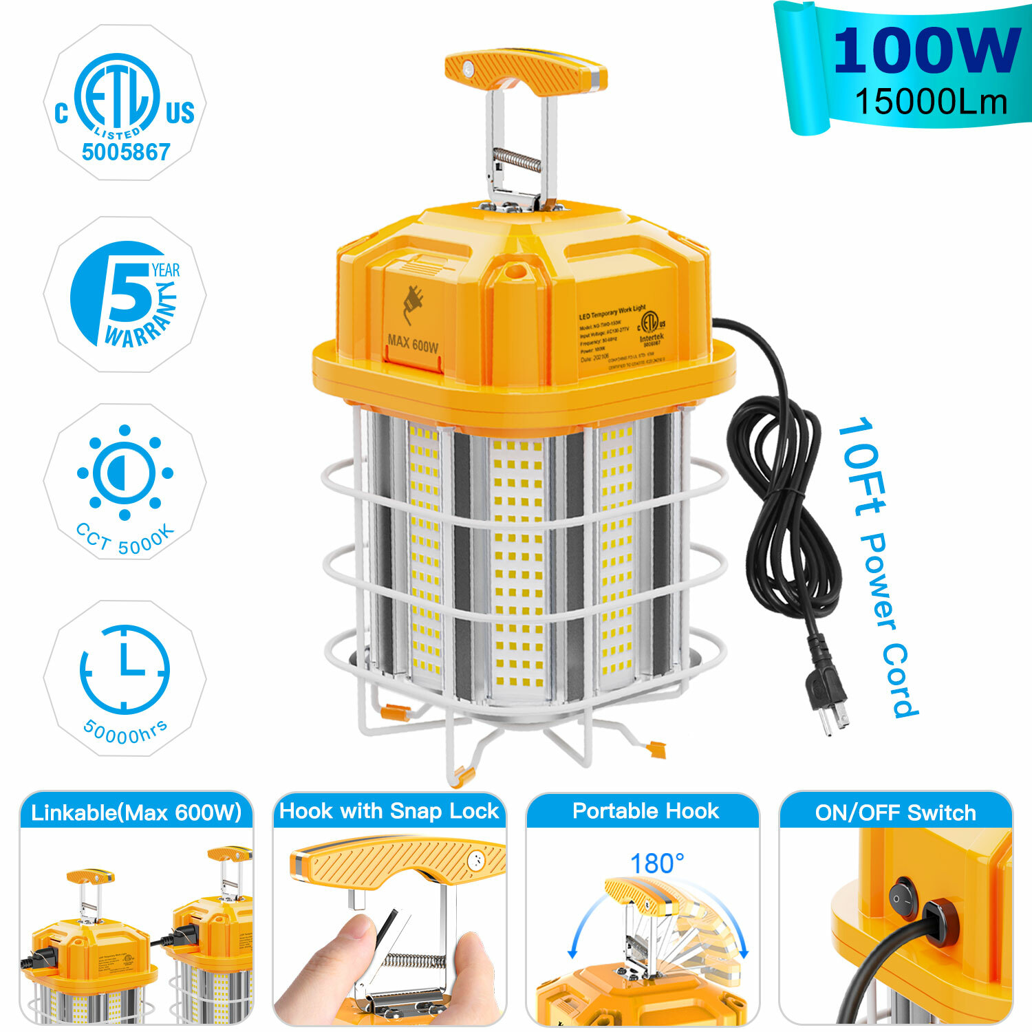 100W LED Temporary Work Light Linkable Construction Jobsite Tunnel Hanging Lamp