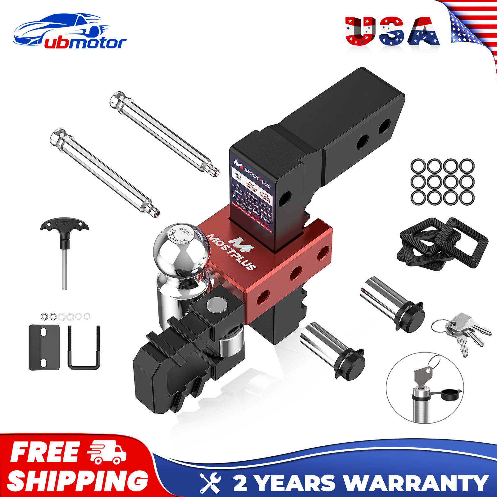 2.5'' receiver 8'' Drop/Rise Adjustable Trailer Hitch Dual Ball w/ Hook 18500lbs