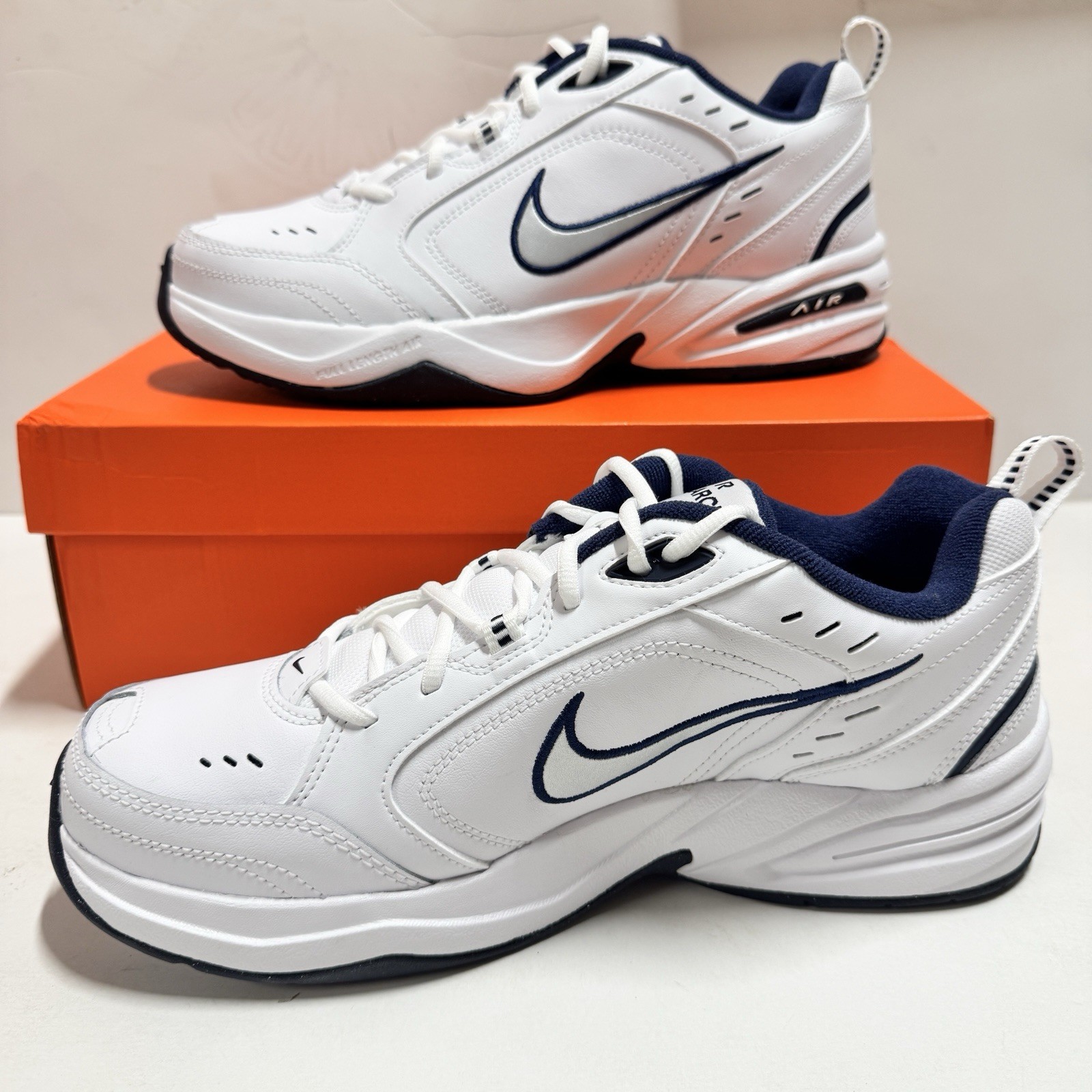 Nike Air Monarch IV 415445-102 White Metallic Silver Midnight Navy Mens SZ 11