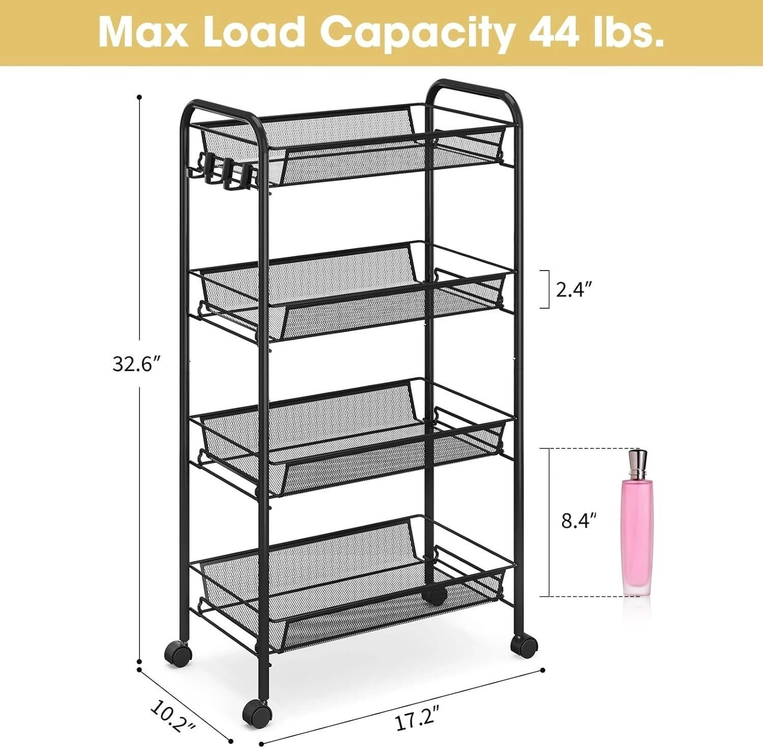 Compact 4-Tier Metal Utility Cart with 3 Hooks – Effortless Assembly & Mobility