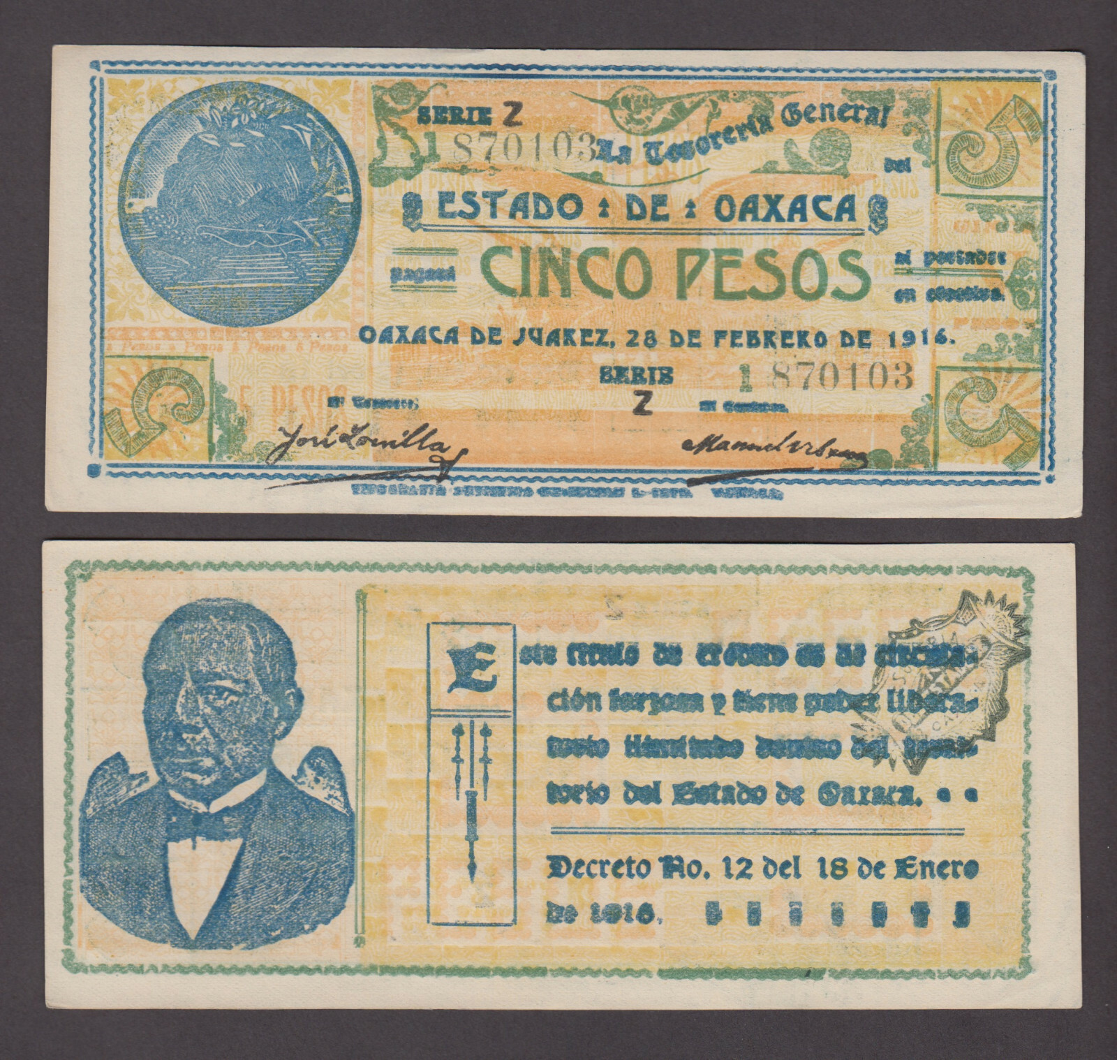 MEXICO-OAXACA P.S-954  5 PESOS 28.2.1916 SERIE Z  ALMOST UNCIRCULATED  2203