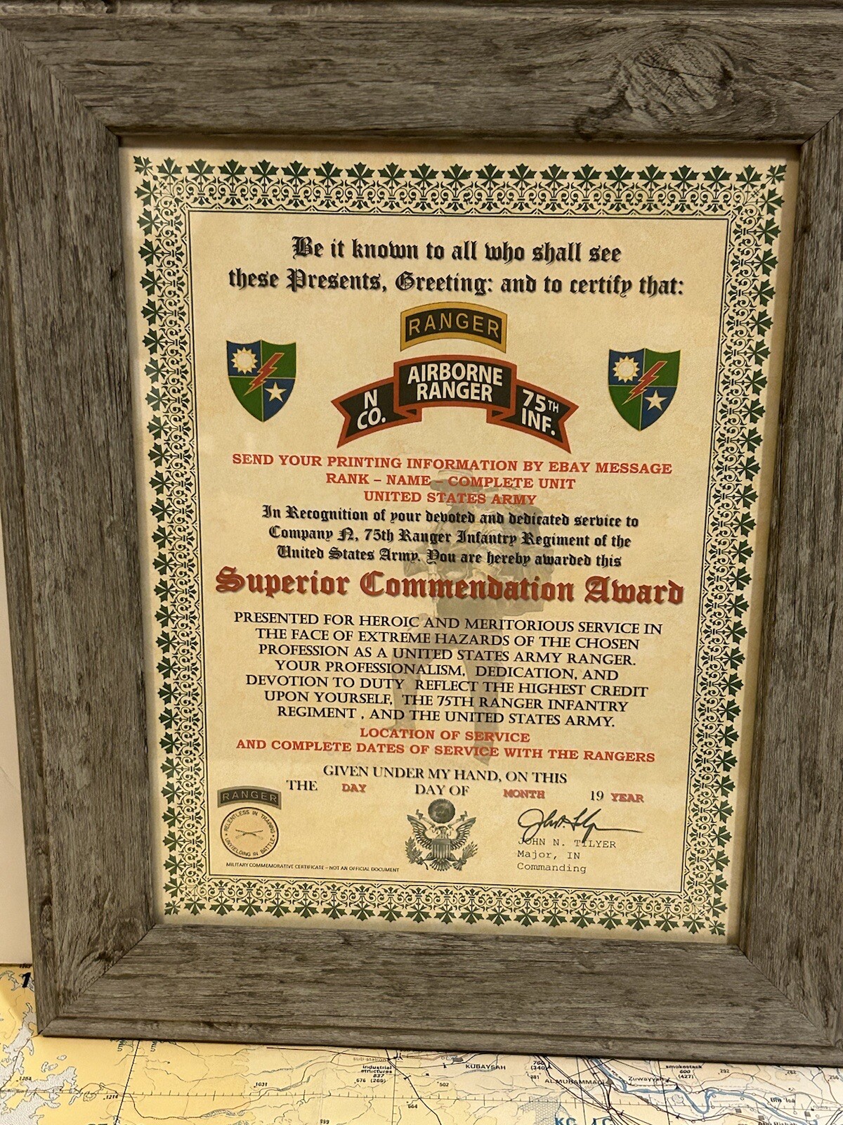 U.S. ARMY - 75TH RANGER / N CO - SUPERIOR COMMENDATION AWARD CERTIFICATE