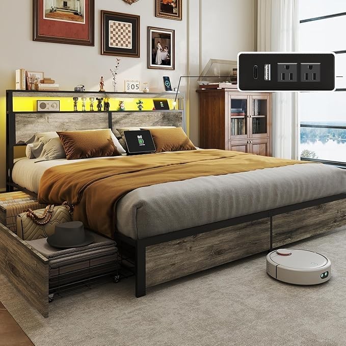 King Size LED Bed Frame with Storage Headboard and 4 Drawers Charging,Grey