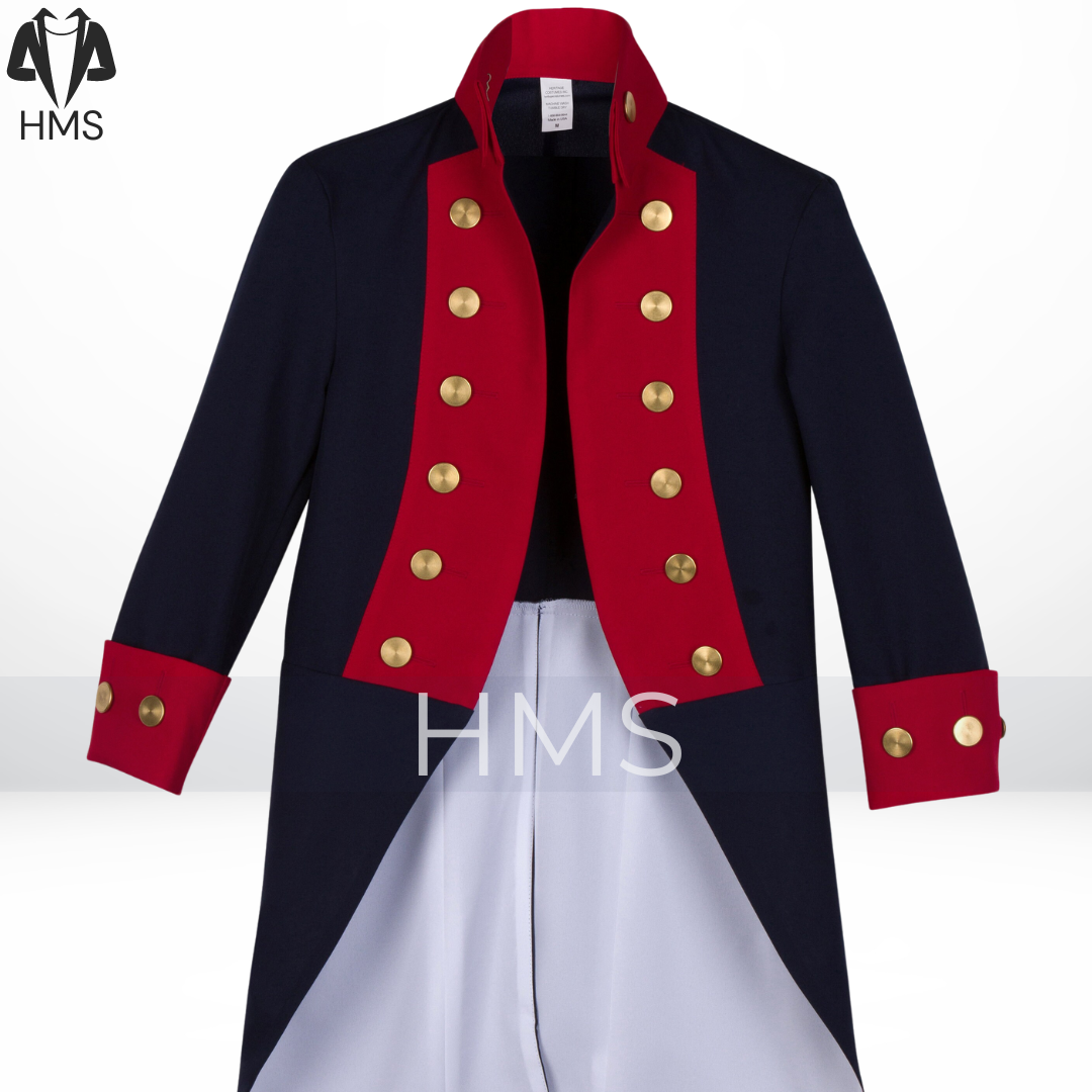 Men's George Washington Revolutionary War Coat, Navy Blue Red Wool Lapel Costume