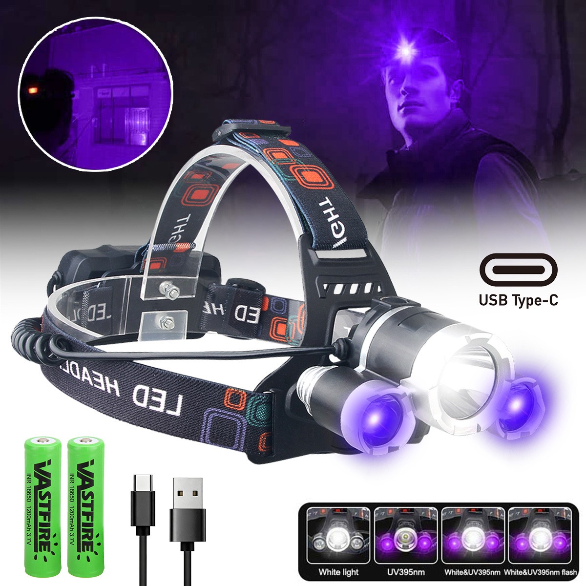 White LED Headlamp & Dual Side UV Light 395nm Purple Work Lamp USB Rechargeable