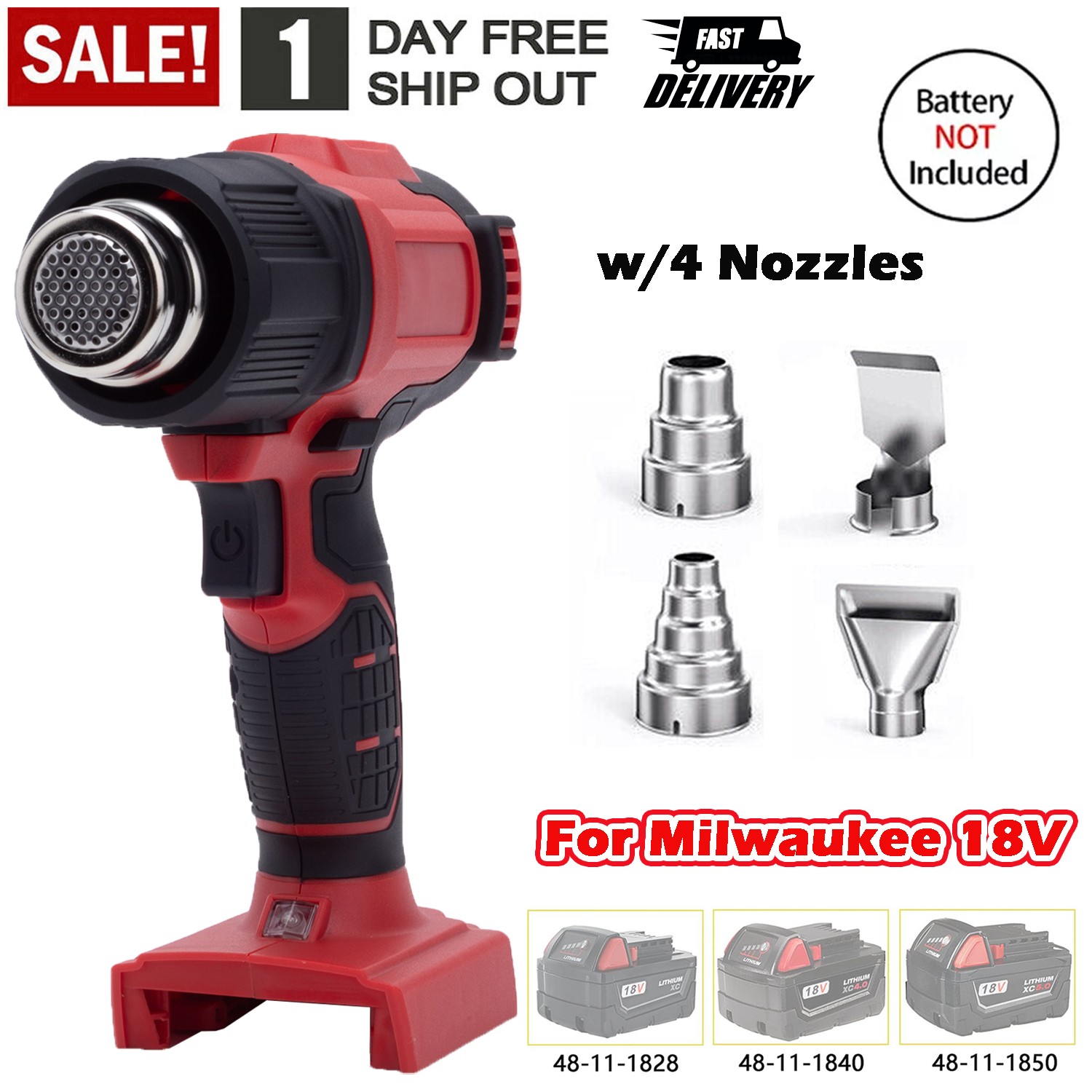 360W Cordless Heat Gun For Milwaukee 18V Li-ion Battery Hot Air Gun w/4 Nozzles