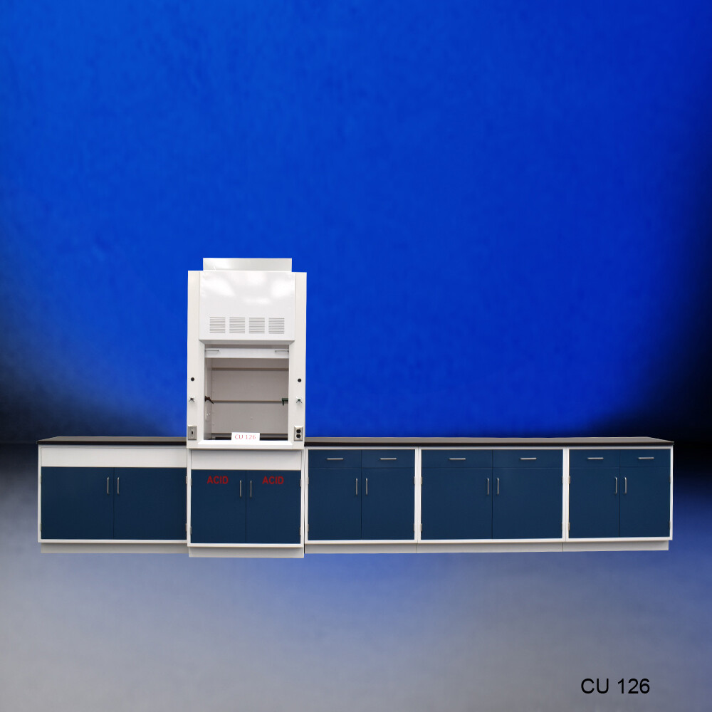 3' Fisher American Fume Hood w/ ACID Storage &14' Laboratory Cabinets / E2-351