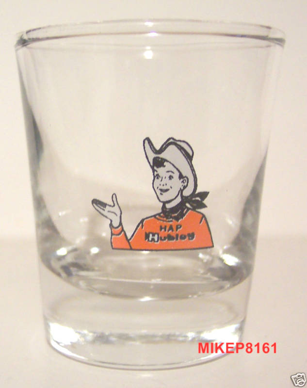 HUBLEY TOY COMPANY "HAP HUBLEY" LOGO ON A CLEAR SHOT GLASS