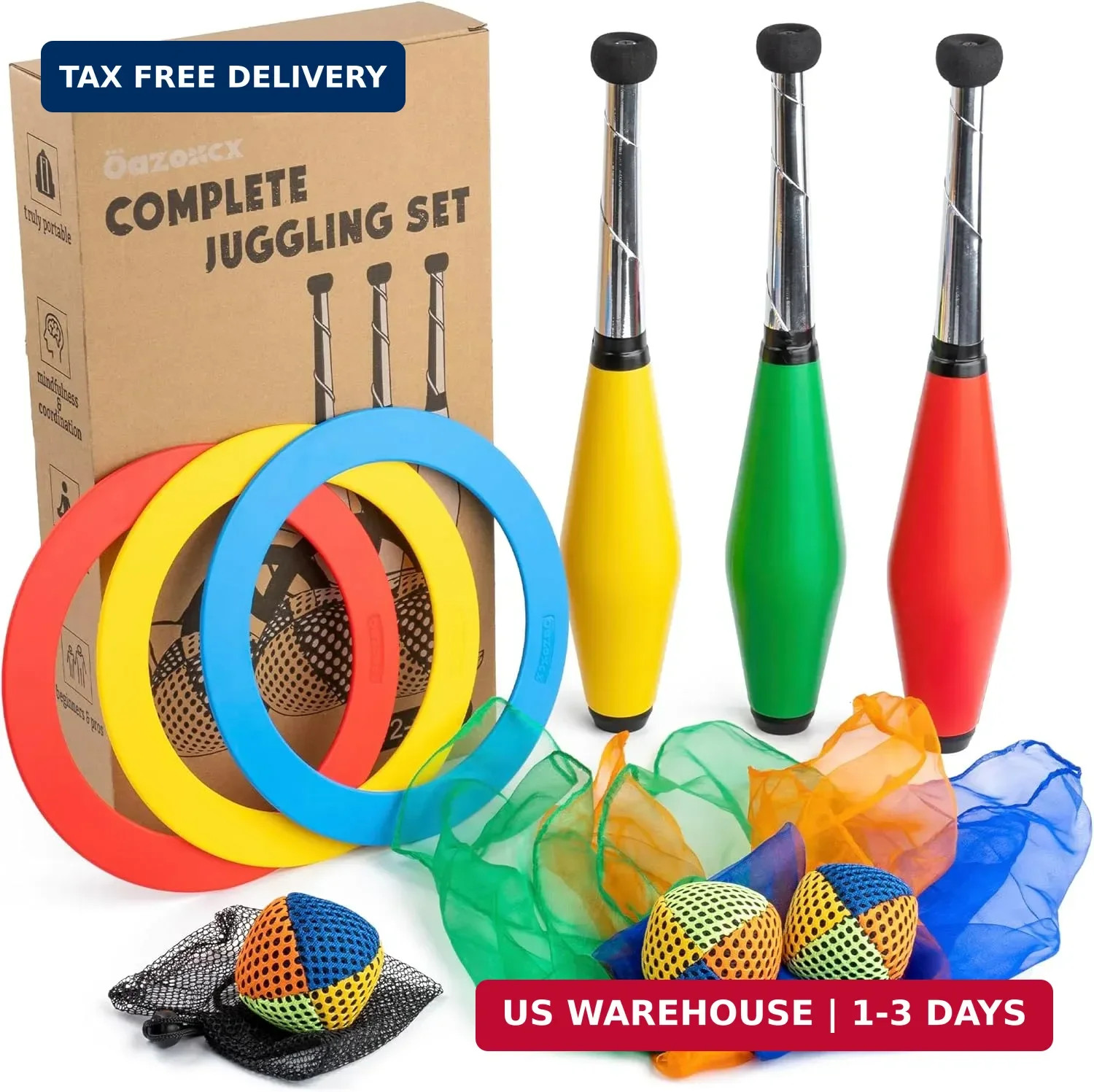 Juggling Kit for Beginners Complete Set -Juggling Balls, Scarves, Rings & Clubs