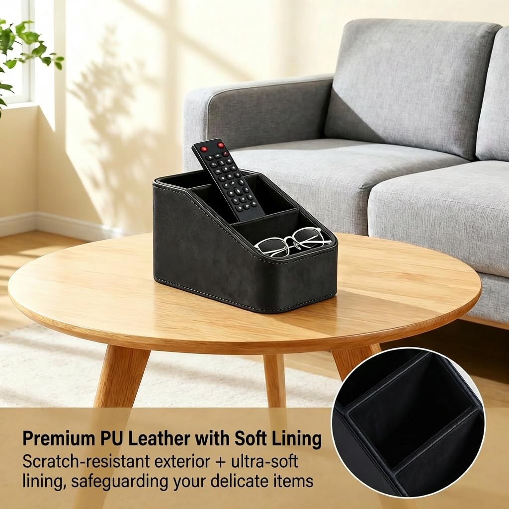 TsicTolg PU Leather Remote Control Holder for Table, 3-Compartment Black