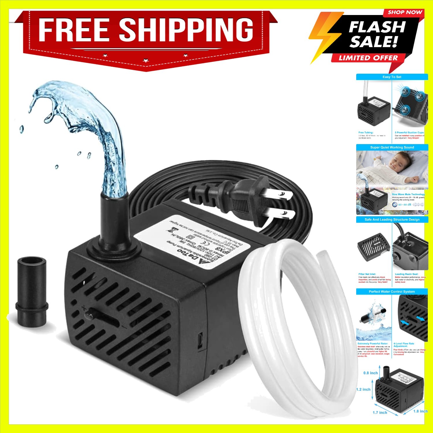 95GPH 5W Small Submersible Water Pump Mini Fountain Pump Ultra Quiet For Aqua...