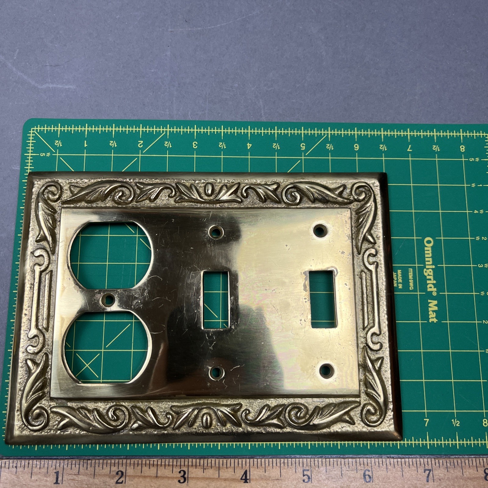 Solid Cast Brass Switch Plate 3-Gang Combination Duplex Outlet 2-Toggle Switch