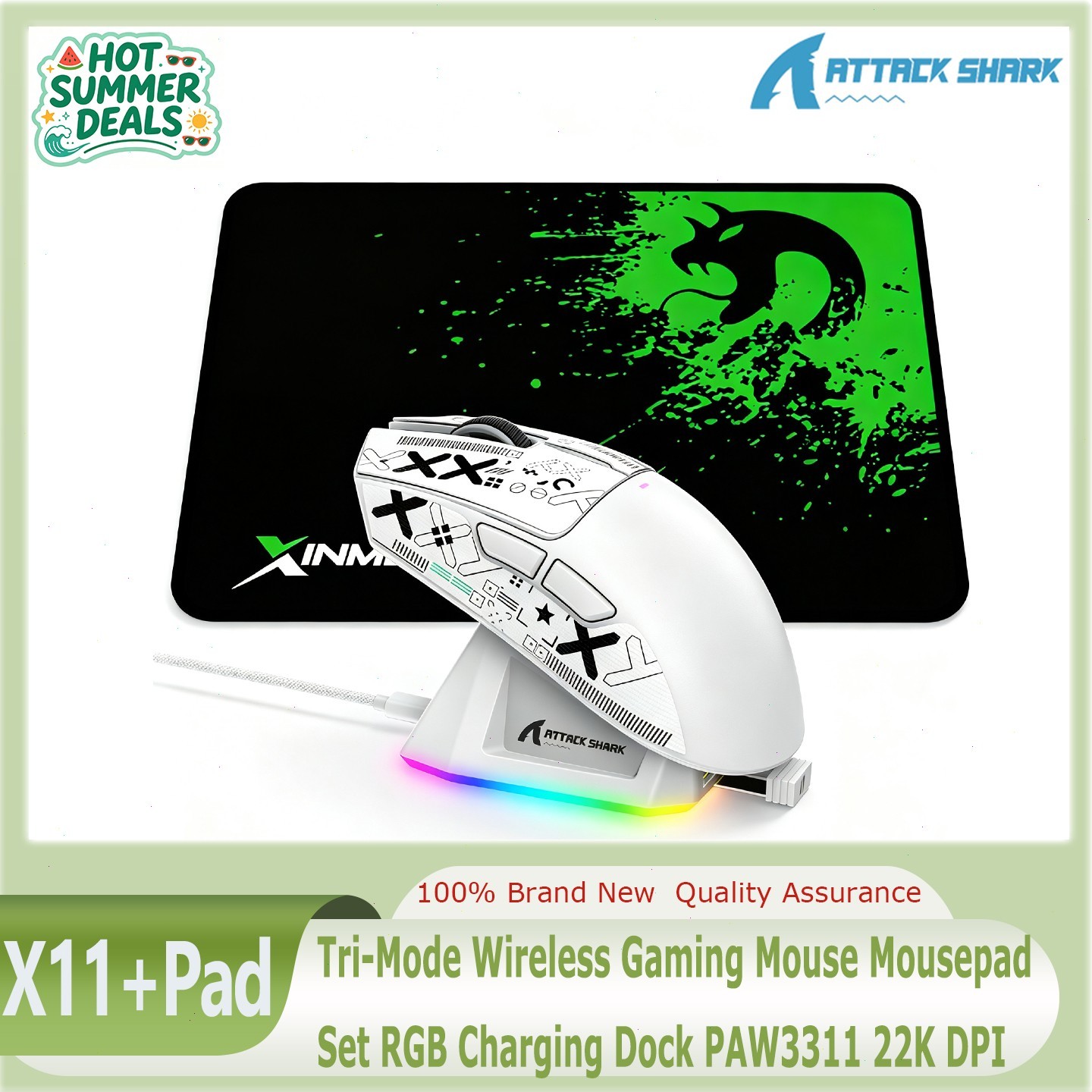 ATTACK SHARK X11 Tri-Mode Wireless Gaming Mouse & Mousepad Set RGB Charging Dock