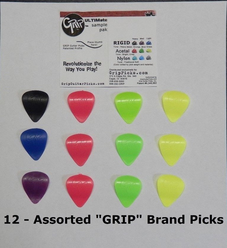 GRIP brand GUITAR PICK, GRIPS, Guitar Pick With A Grip, 12 PICKS, CURVED PICK