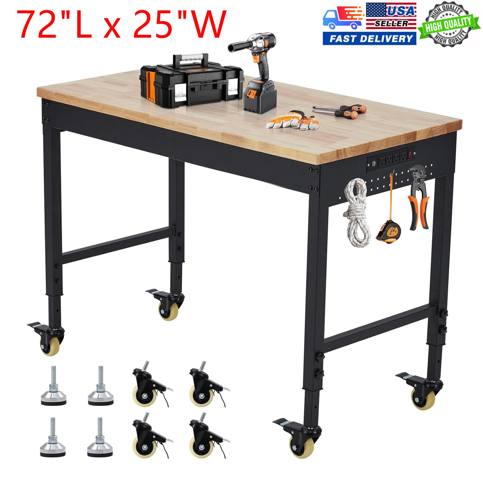 Adjustable Height Workbench 72"L x 25"W Workstation W/ Power Outlet & Casters US