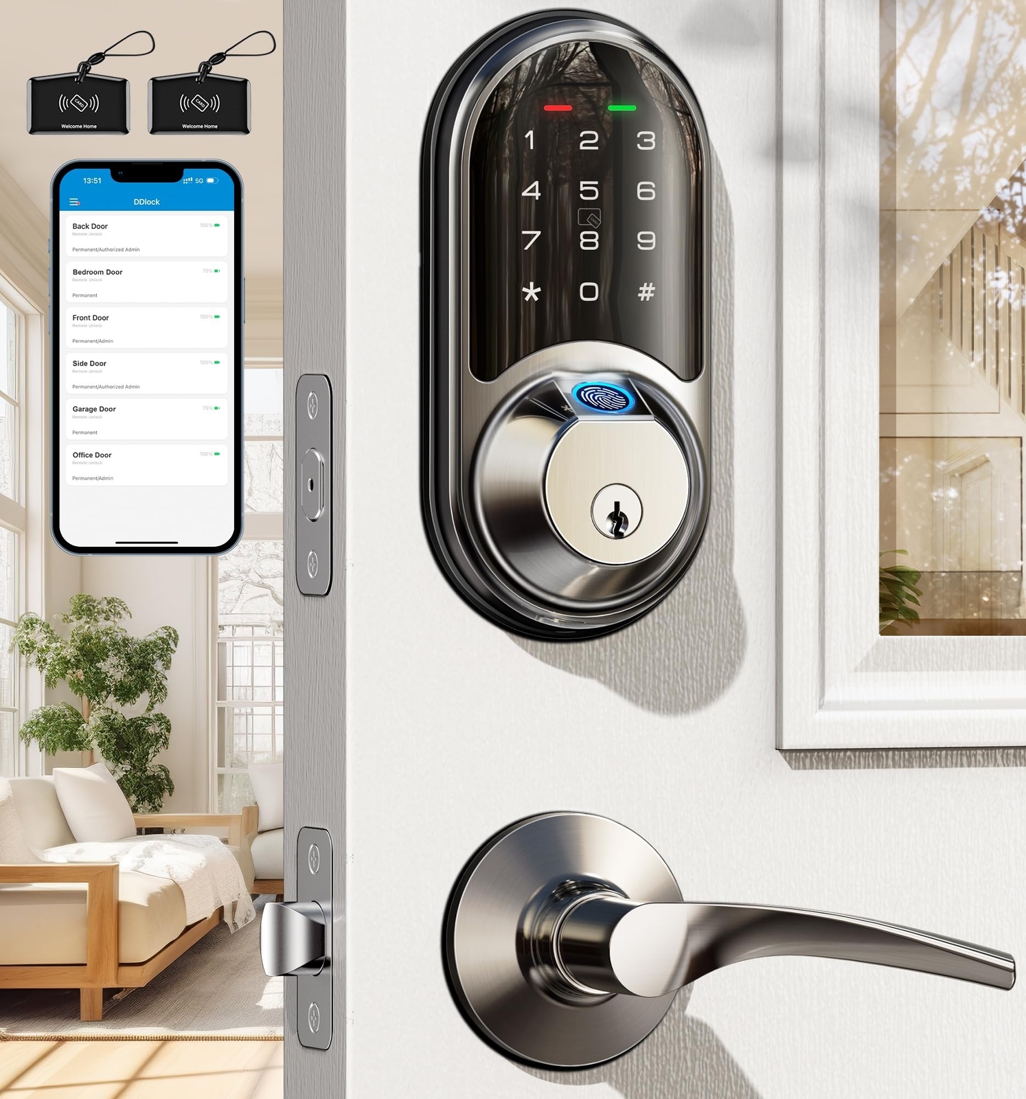 Veise RZ07B Smart Locks for Front Door, 2 Lever Handles, Fingerprint Keyless ...