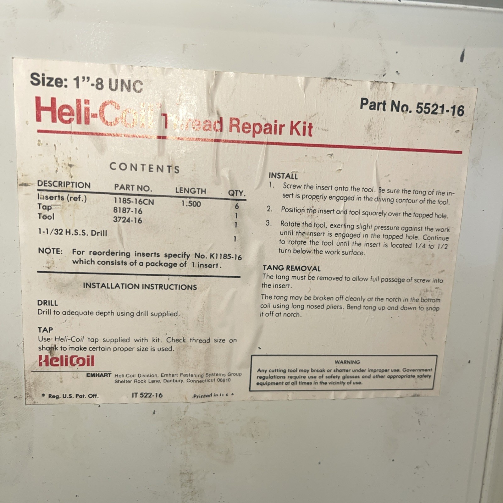 Helicoil 1"-8 Master Thread Repair Kit 5521-16