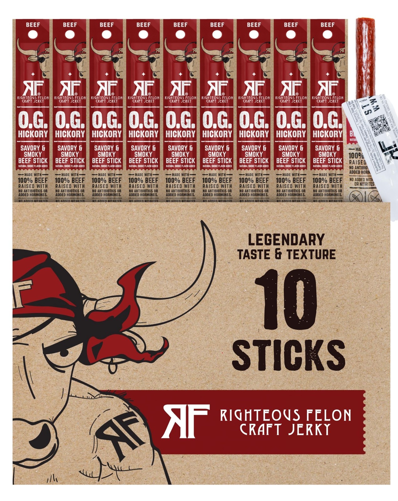 O.G. Hickory Beef Meat Sticks 9g Protein Keto Gluten Free Individually Wrapped S