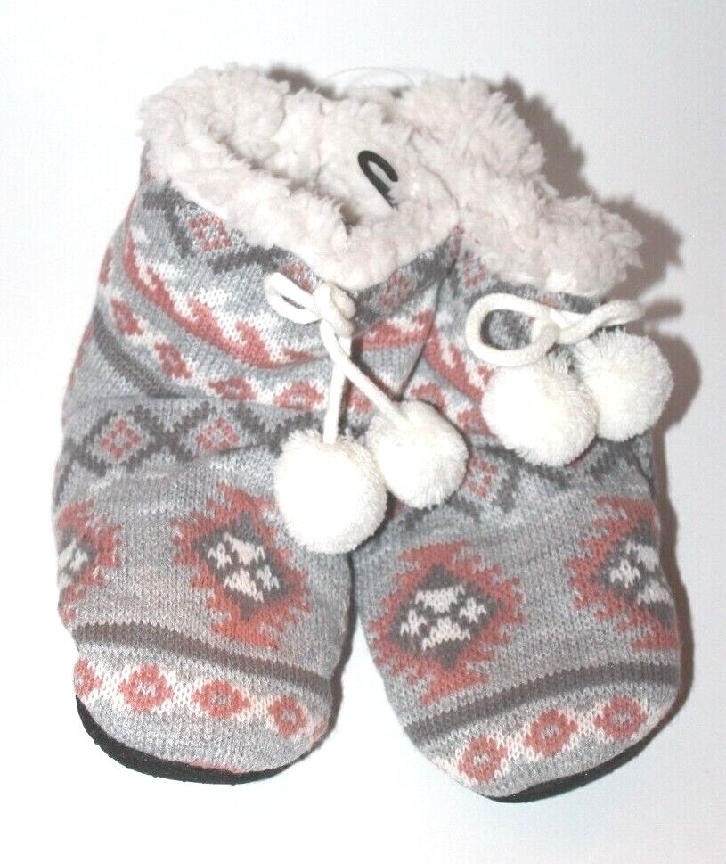 Muk Luks Women's Queenie Grey  Fair Isle Faux Fur Bootie Slippers w/ Pom-Pom S/M