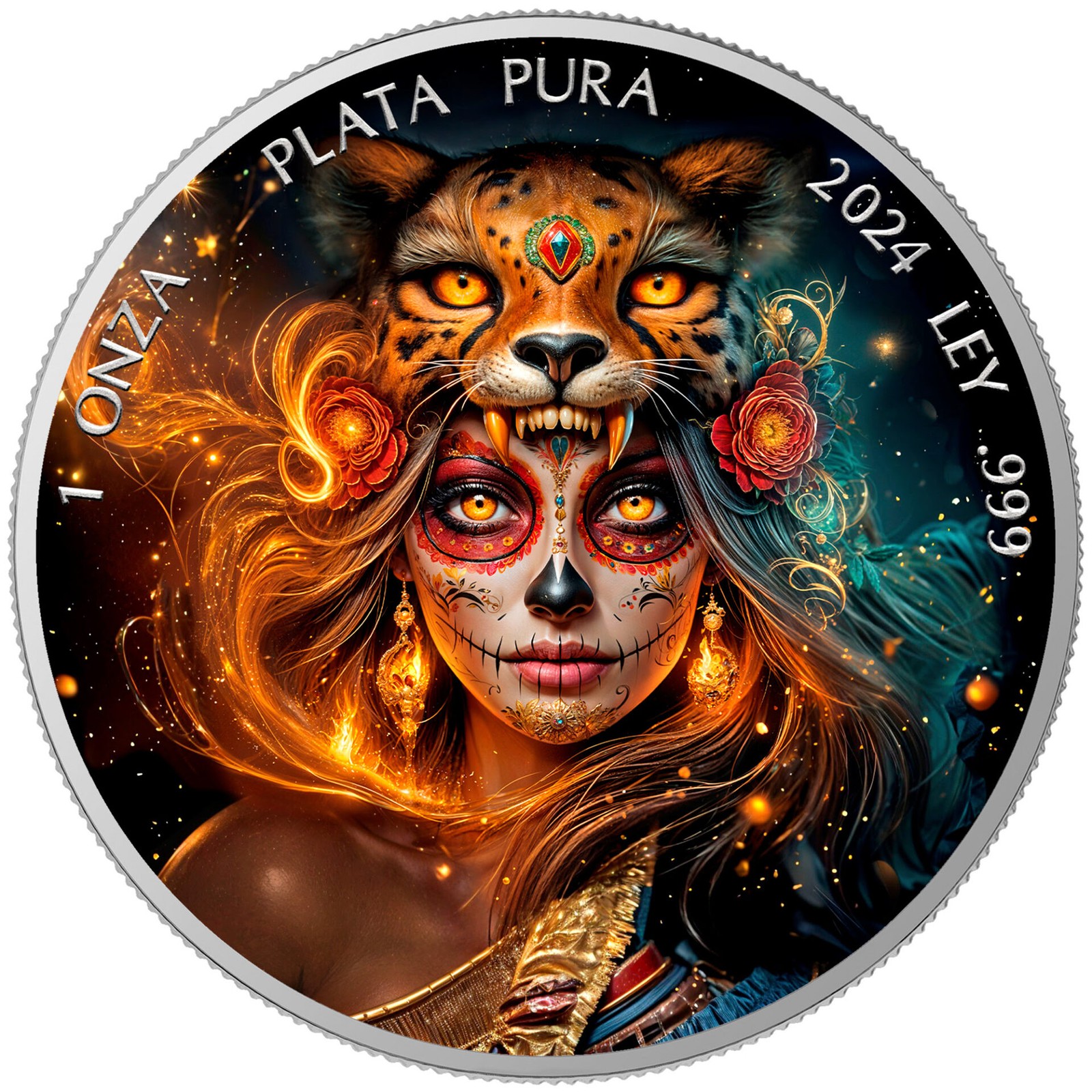2024 1 oz Mexico Libertad Dia De Los Muertos Oceleotl Warrior Silver Color Coin