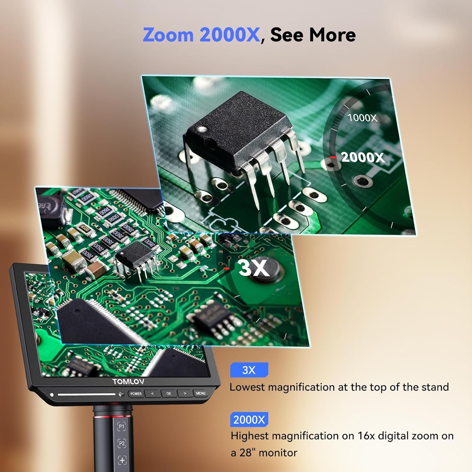 TOMLOV Autofocus Digital Microscope 52MP 4K 2000x Soldering Microscope fr Coin