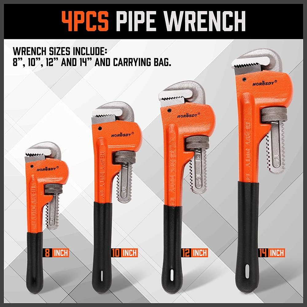 4 Pack Heavy Duty Adjustable Pipe Wrench Set 8" 10" 12" 14"