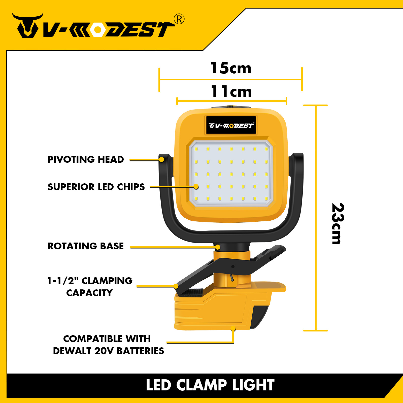 Cordless Led Work Light For Dewalt 20V Battery Portable Clamp Lamp Flashlight