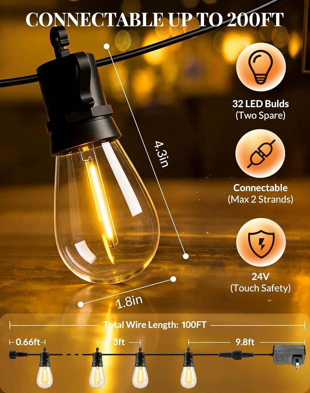 100Ft LED Outdoor String Lights - Waterproof Dimmable with Remote S14 Bulbs