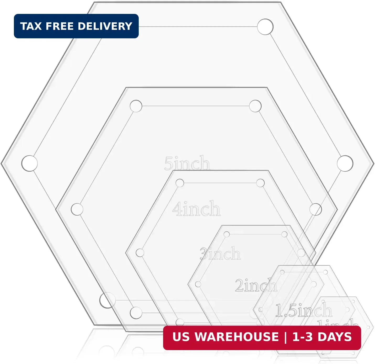 6 Pieces Hexagon Templates Quilting 1 Inch, 1.5 Inch, 2 Inch, 3 Inch, 4 Inch, 5