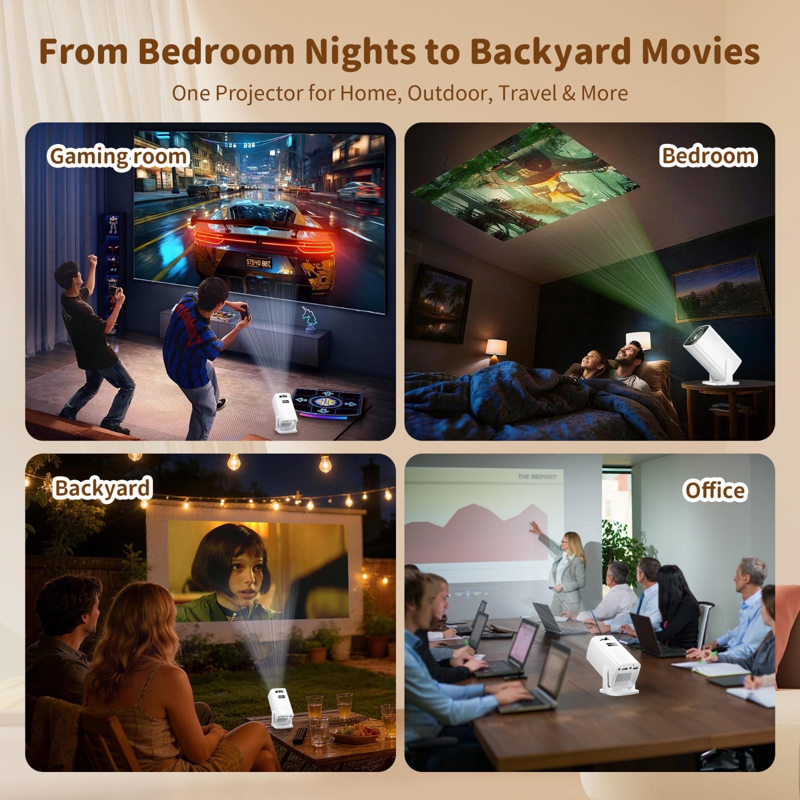 4K Mini Projector - Portable, Electric Focus, Keystone, Rotatable Stand, Short T