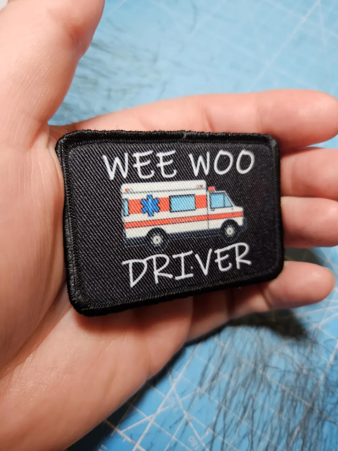 Wee woo driver ambulance EMT funny 2"x3" removable patch hook and loop backing