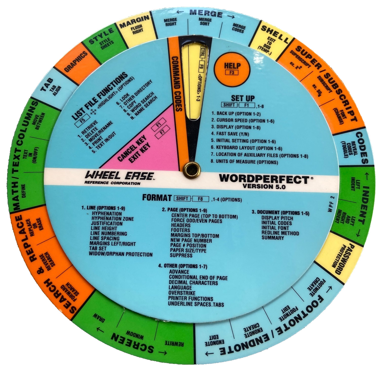 Wordperfect Version 5.0 Wheel Ease Quick Reference Guide Card Dial 1989 2 Sided