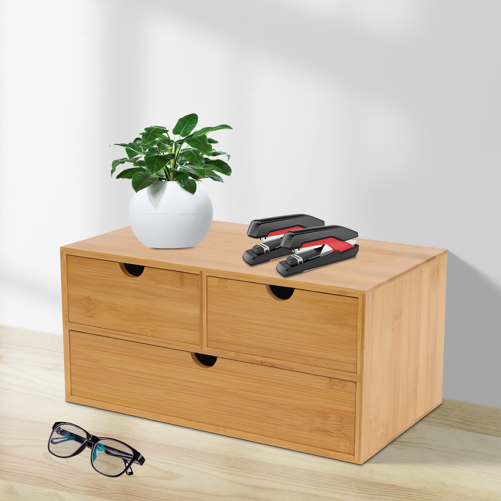 Bamboo Desk Organizer -Tabletop Mini Bamboo Desk Drawer Storage Box w/ 3 Drawers