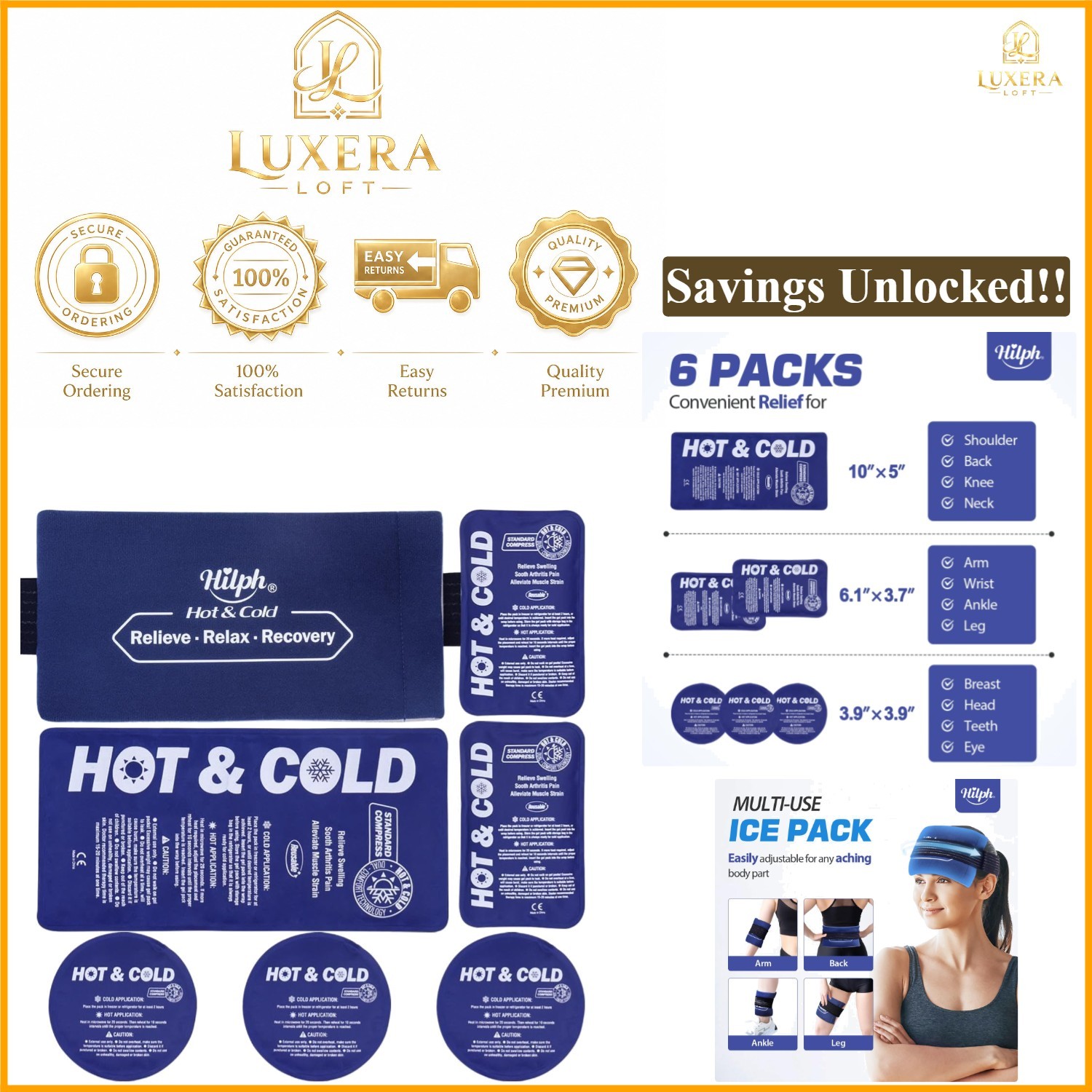6 Pack Reusable Ice Gel Packs for Injuries Hot Cold Therapy Adjustable Wraps
