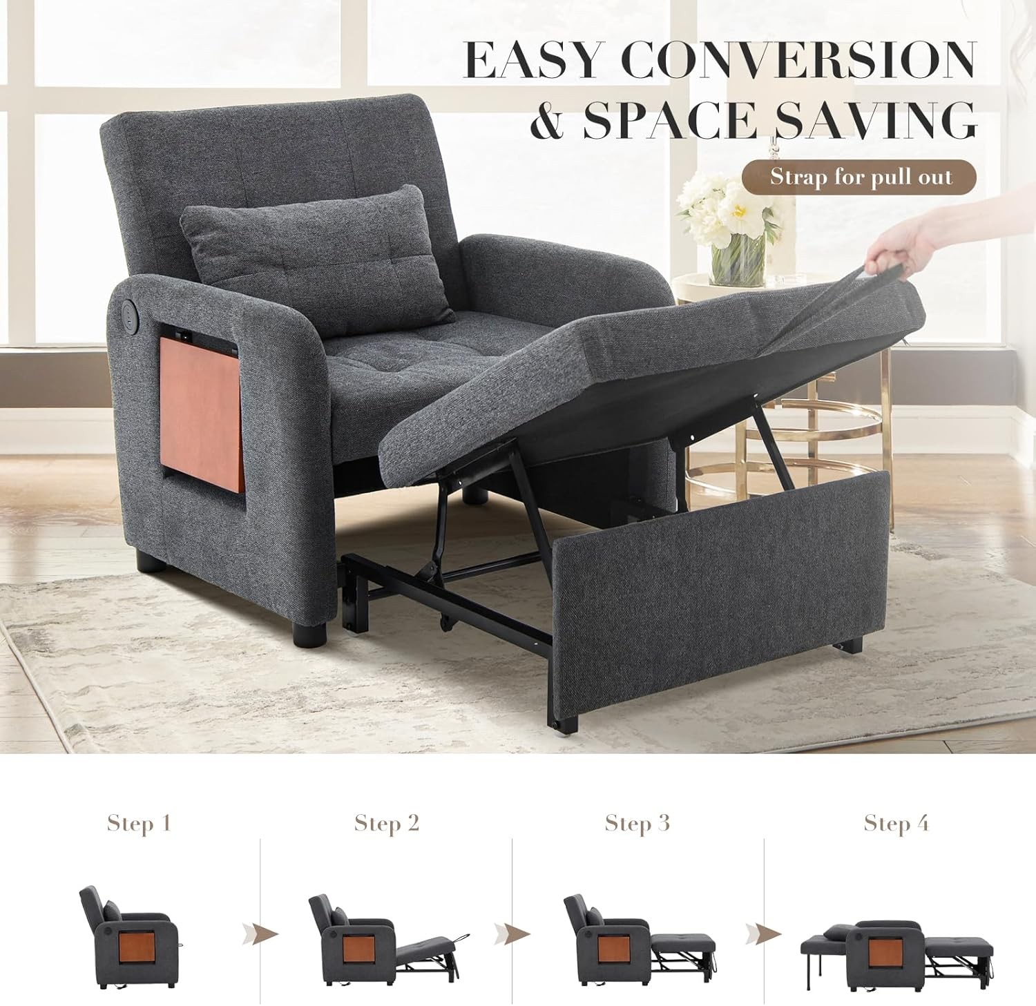 Convertible Sleeper Chair-Fabric Futon Sofa Bed Single Sleeper Sofa Small Couch