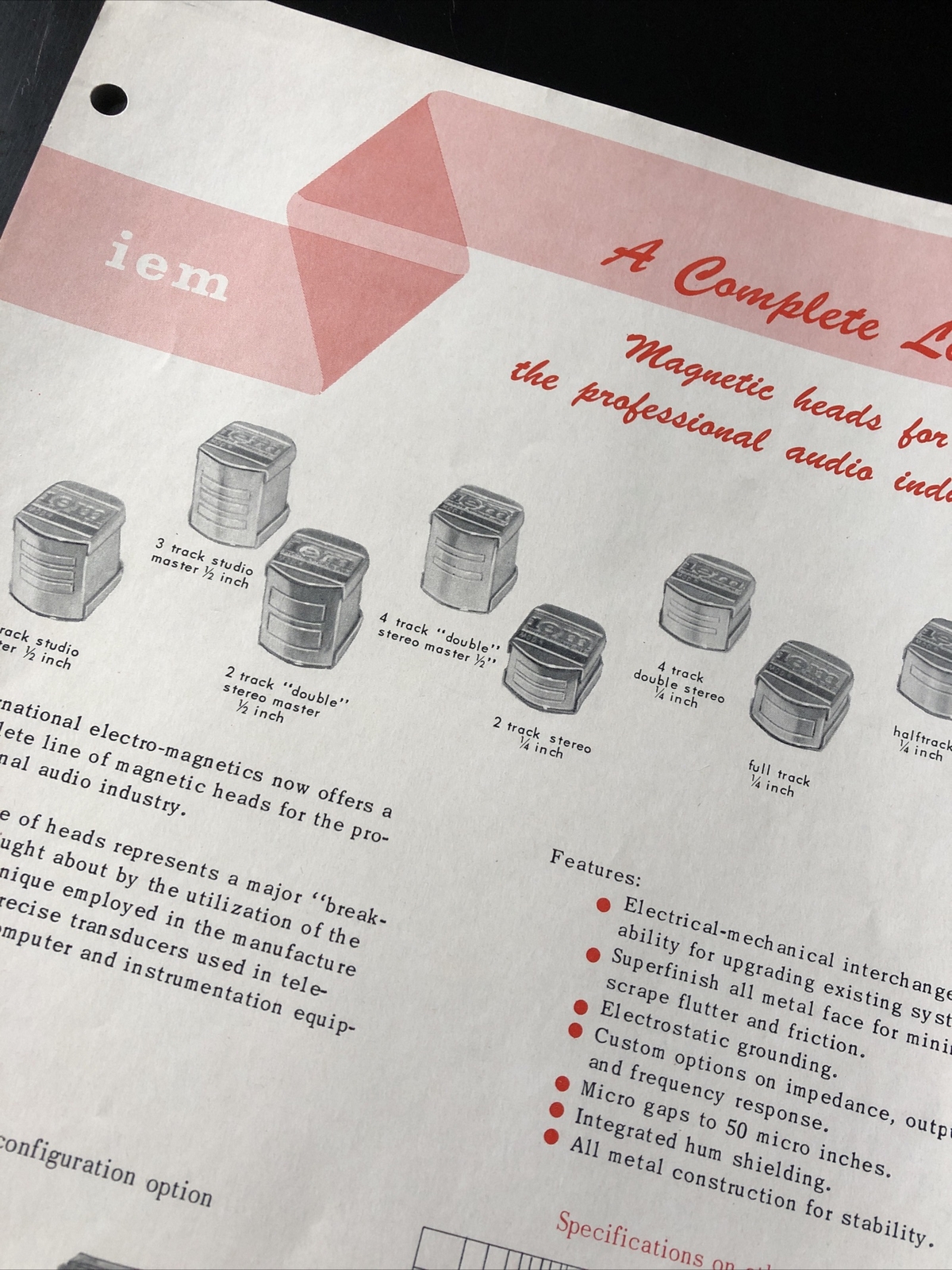 Vintage IEM Pro AUDIO MAGNETIC HEAD SPEC SHEET