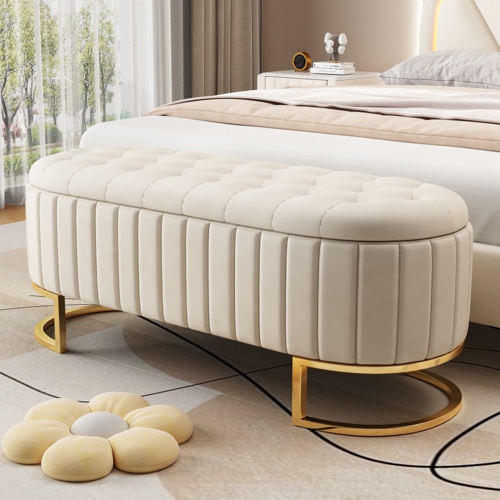 Pink Velvet Button Tufted Storage Ottoman Bench Upholstered with Metal Legs