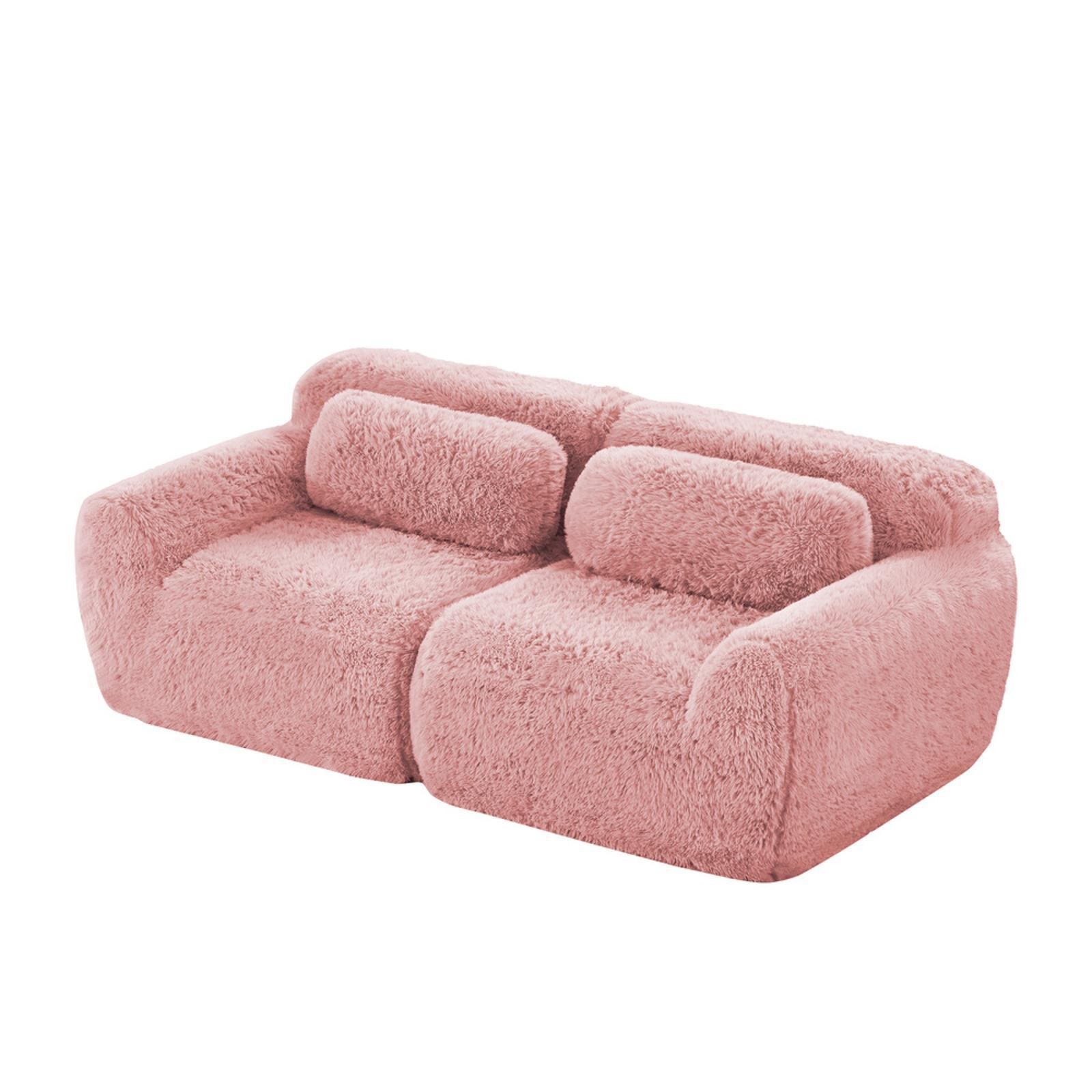 Soft and Modular Sofa Couch, 2-Seater, Pink Plush Fabric, Non-Slip Base,