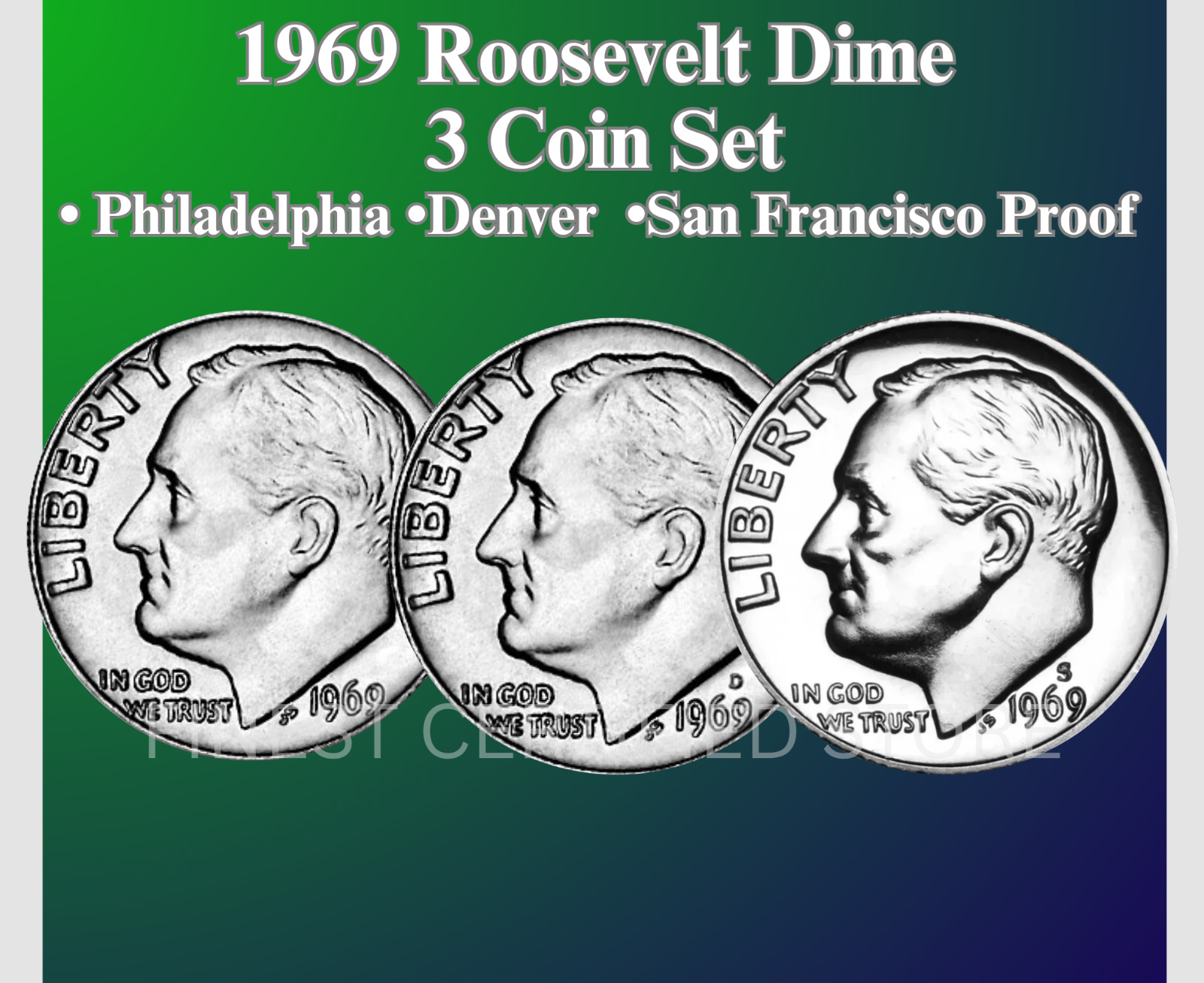 1969 P D S ROOSEVELT DIME NEW MINT BU & PROOF 3 COIN SET  .