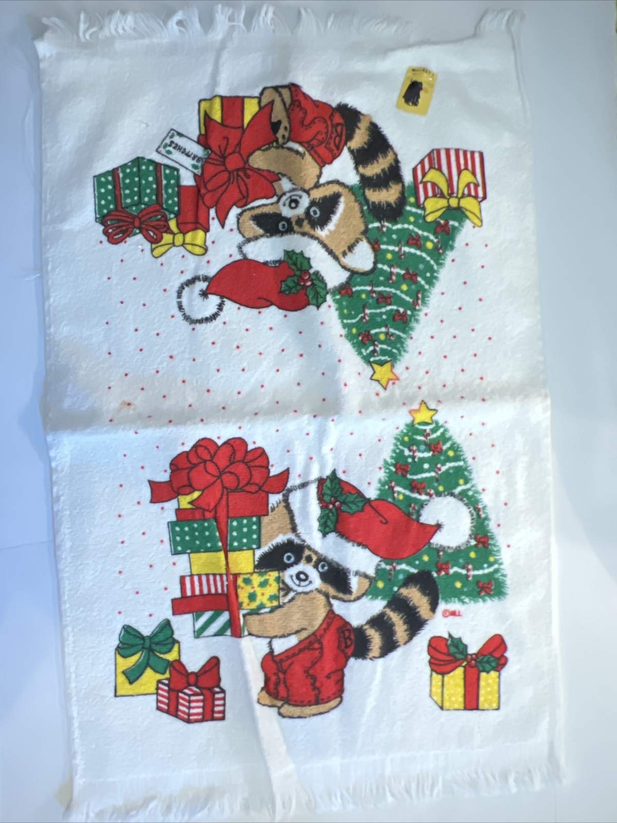 New Vintage Terrycloth Kitchen Dish Towel Britches Raccoon Christmas 1970s